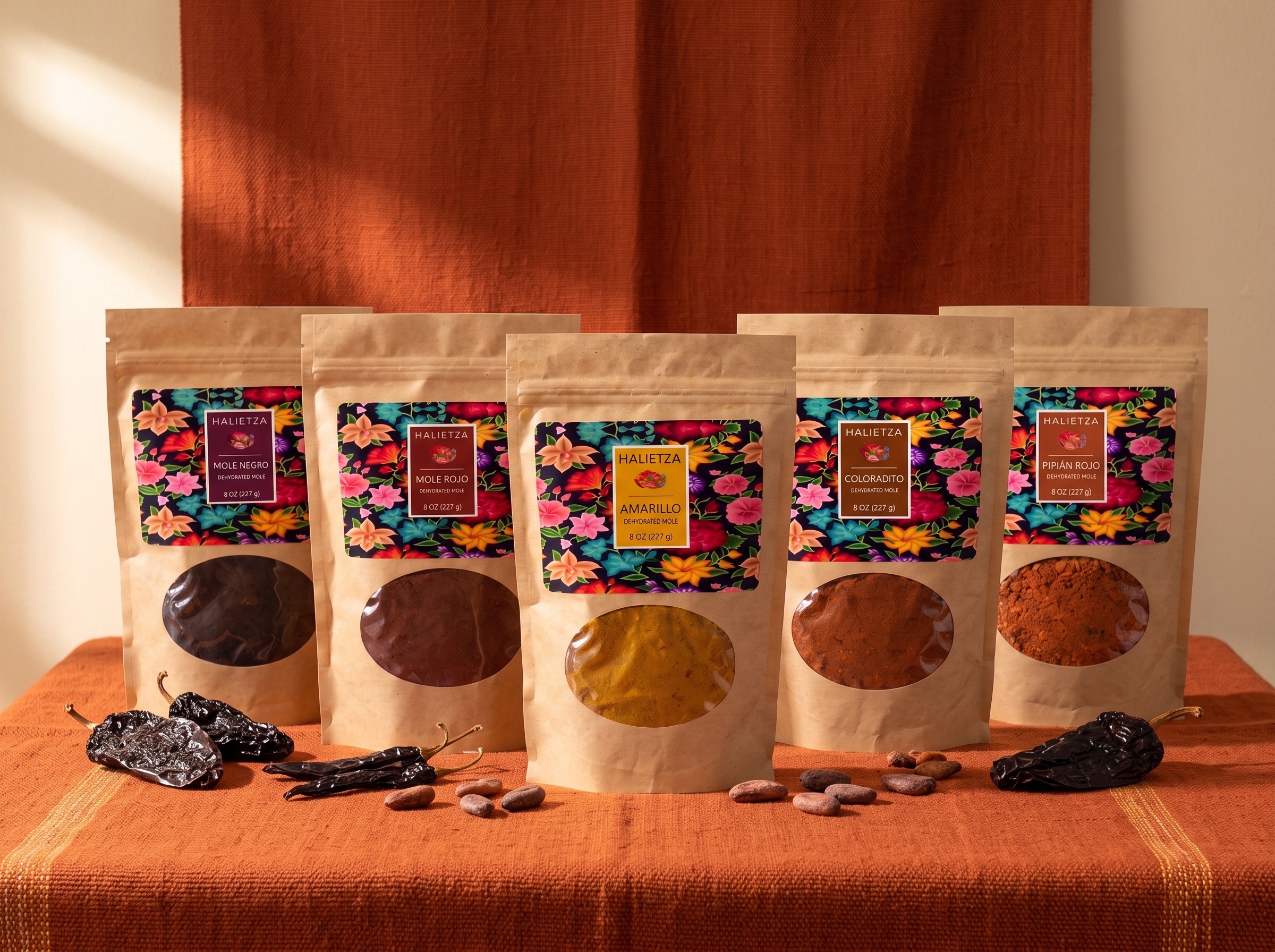 Five pouches of Halietza dehydrated mole: Negro, Rojo, Coloradito, Amarillo and Verde