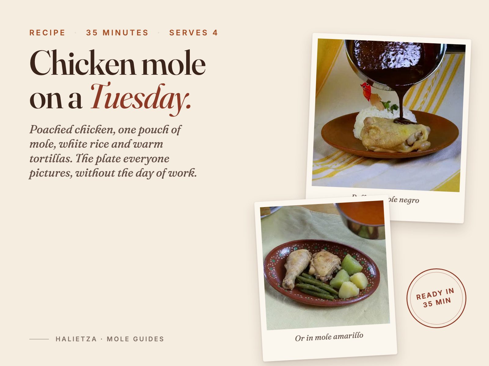 Two snapshots of chicken in mole on clay plates, one with mole negro and one with mole amarillo