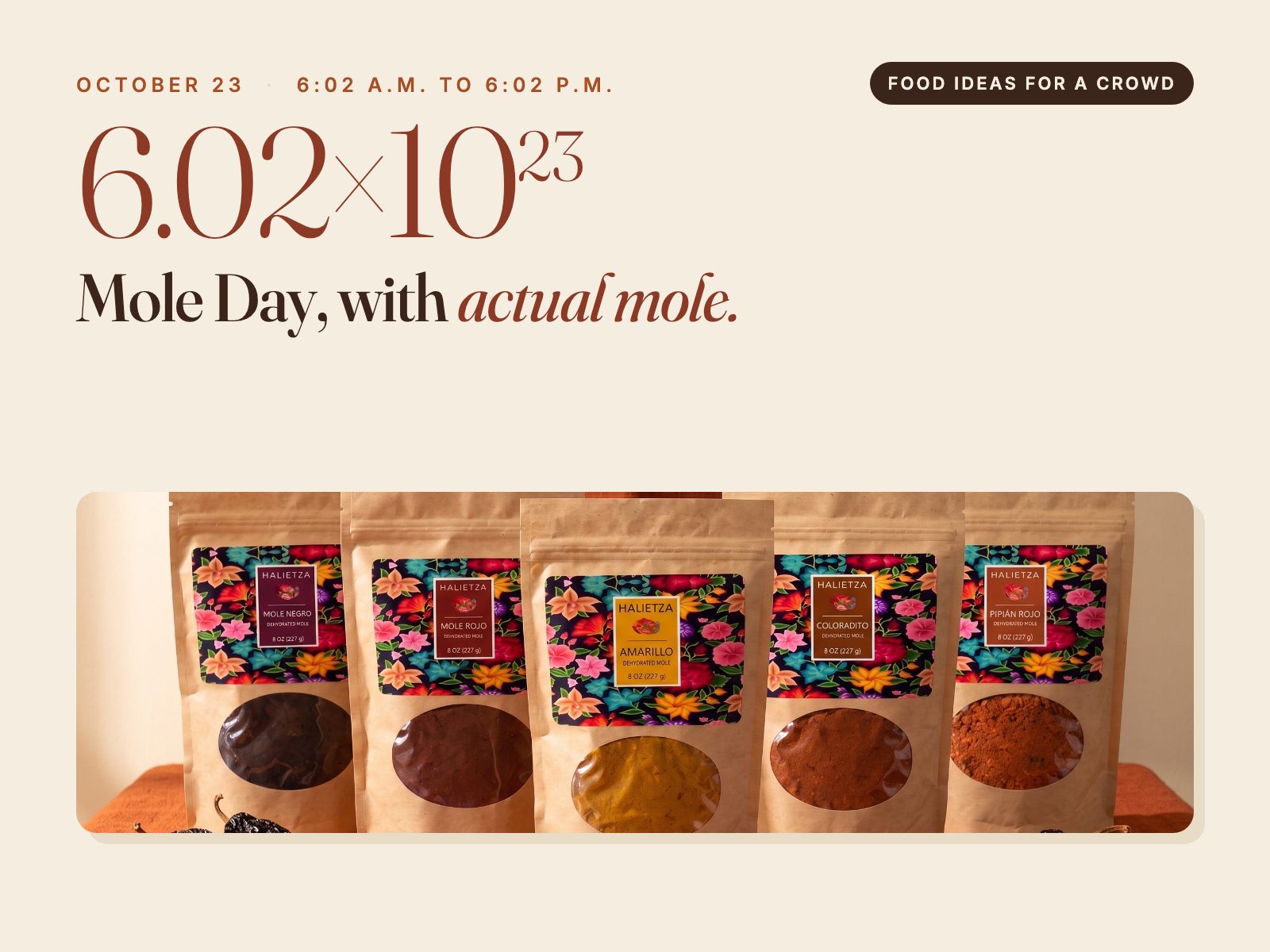 6.02 times 10 to the 23rd above five pouches of Halietza mole lined up on a table