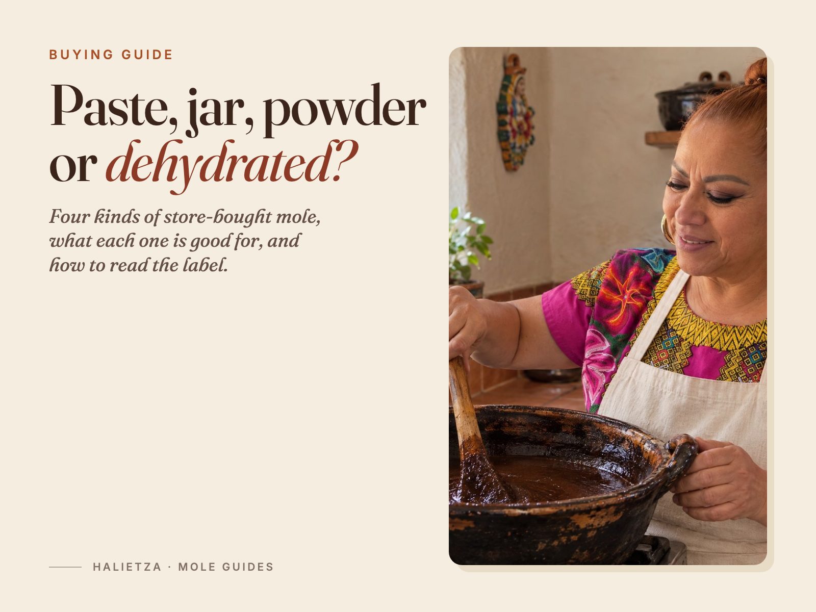 Elisa Beristain stirring a clay cazuela of mole in her kitchen