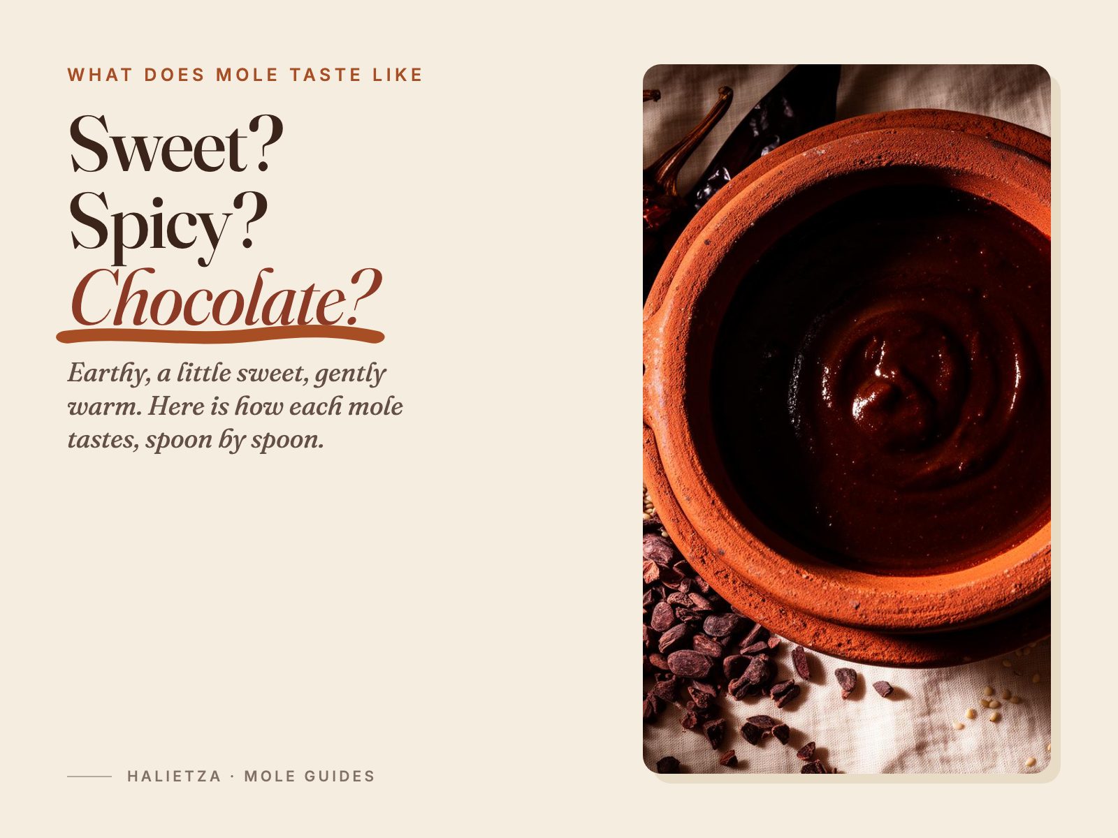 Sweet? Spicy? Chocolate? beside a clay pot of mole negro with dried chiles and cacao