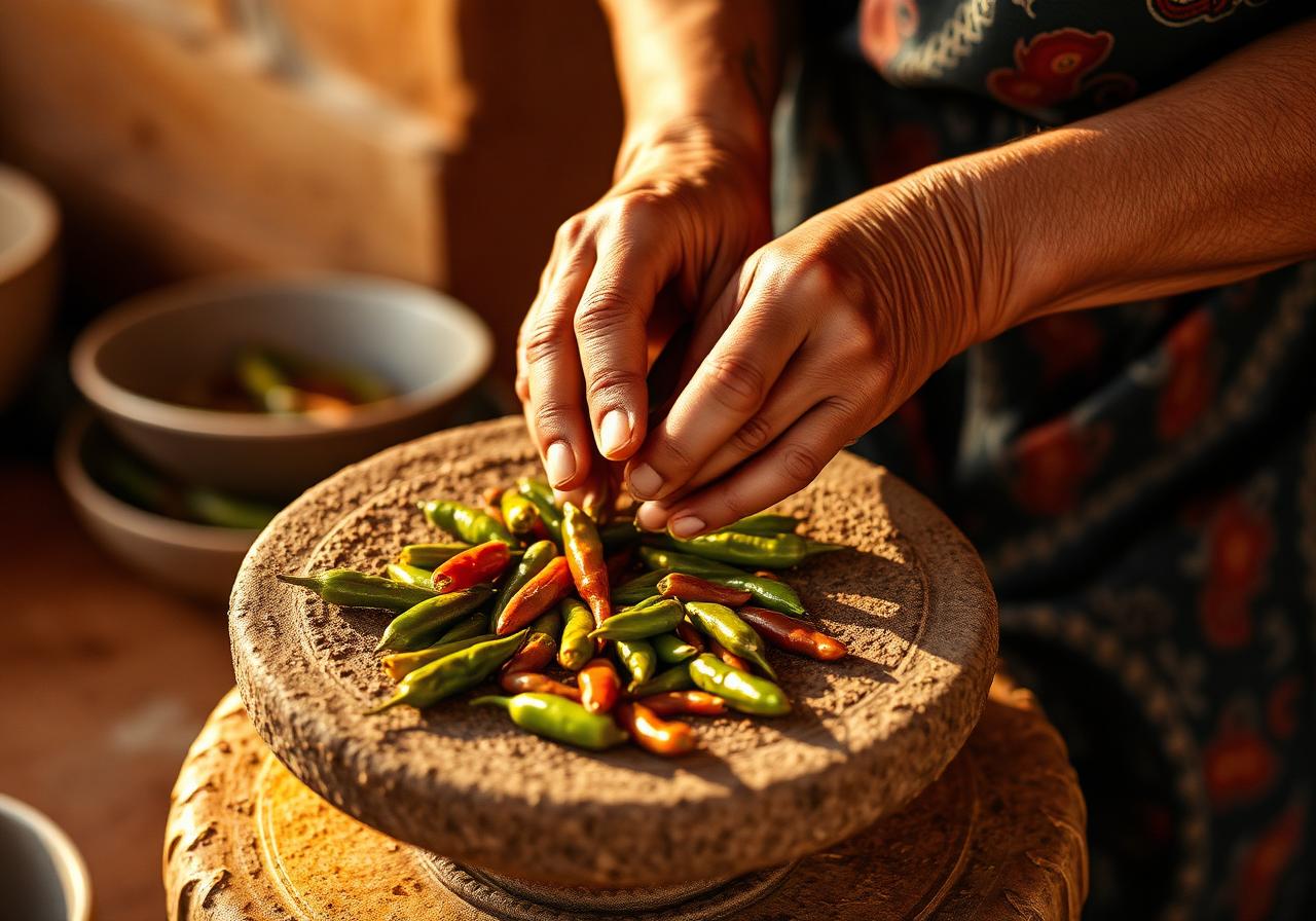 Oaxacan kitchen — hands grinding chiles on a metate