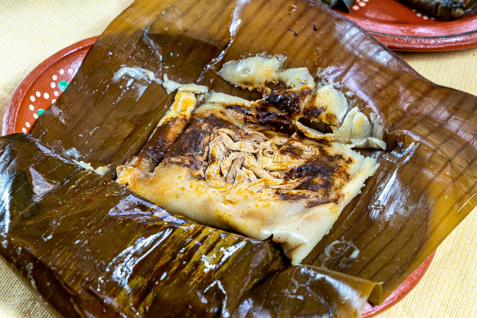 A steamed banana leaf tamal opened on a clay plate, filled with chicken and mole negro